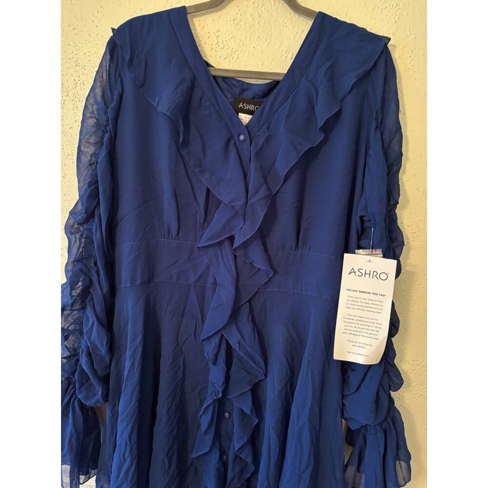 Ashro Womens Cobalt Blue Ruffled Long Sleeve Sheer Layered Dress - Picture 4 of 8
